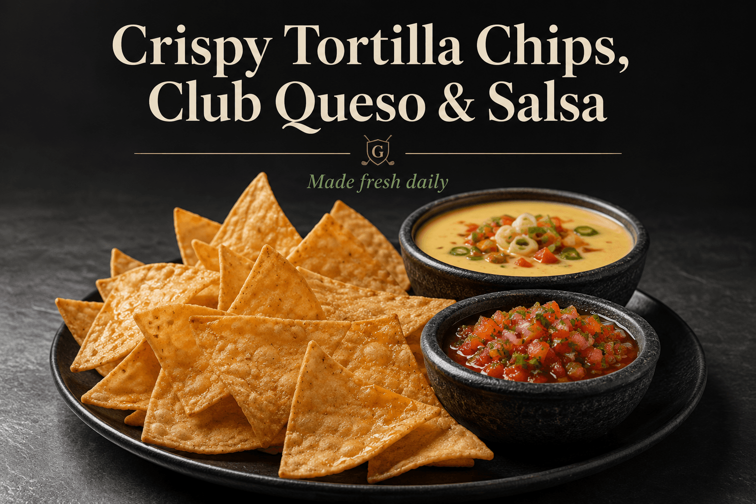 Crispy Tortilla Chips, Club Queso & Salsa plated final result
