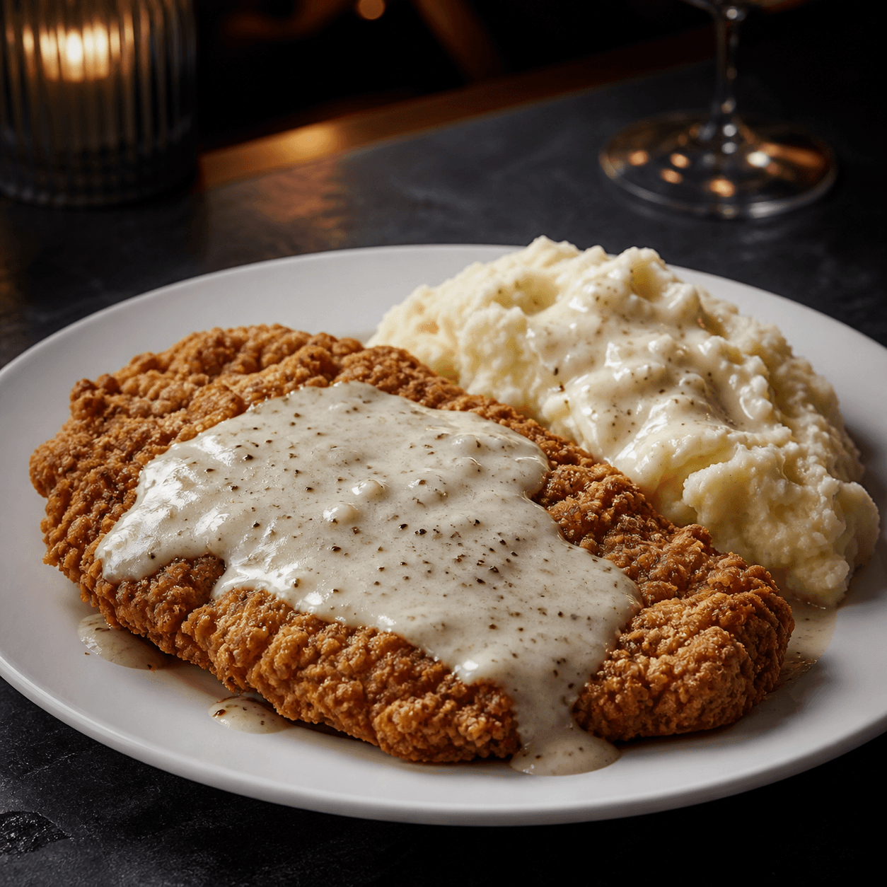 Chicken Fried Steak with peppered country gravy and garlic mashed potatoes plated final result