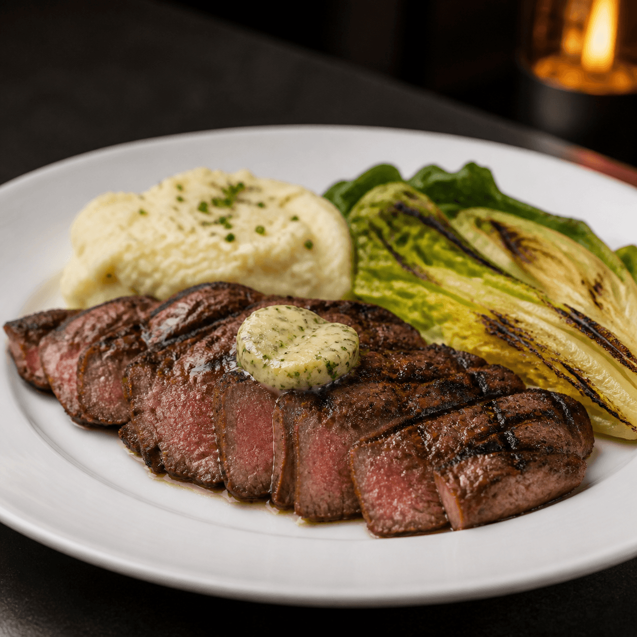 Sliced 8 oz Grilled Flat Iron Steak with herb compound butter, garlic mashed potatoes, and grilled romaine plated final result