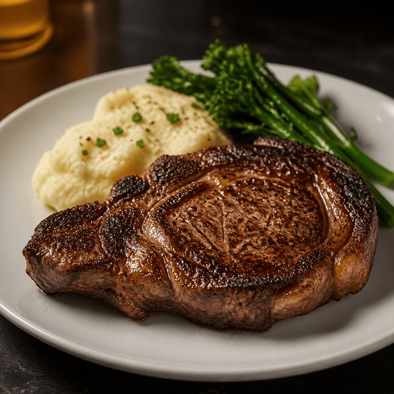 14 oz Ribeye with garlic mashed potatoes and green vegetables plated final result