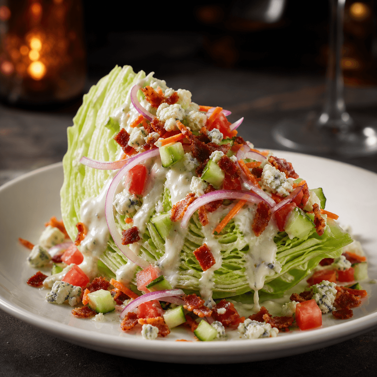 The Wedge Salad with bleu cheese dressing, bacon, tomato, onion, cucumber, and carrots plated final result